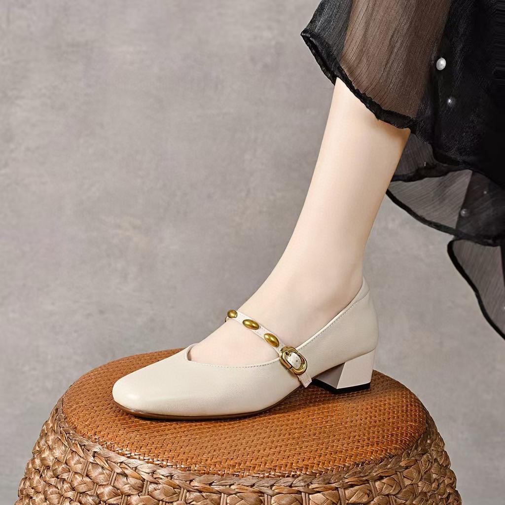 Square head thick heel Mary Jane shoes one-button golden beans shallow mouth single shoes women's medium heel cowhide high heels