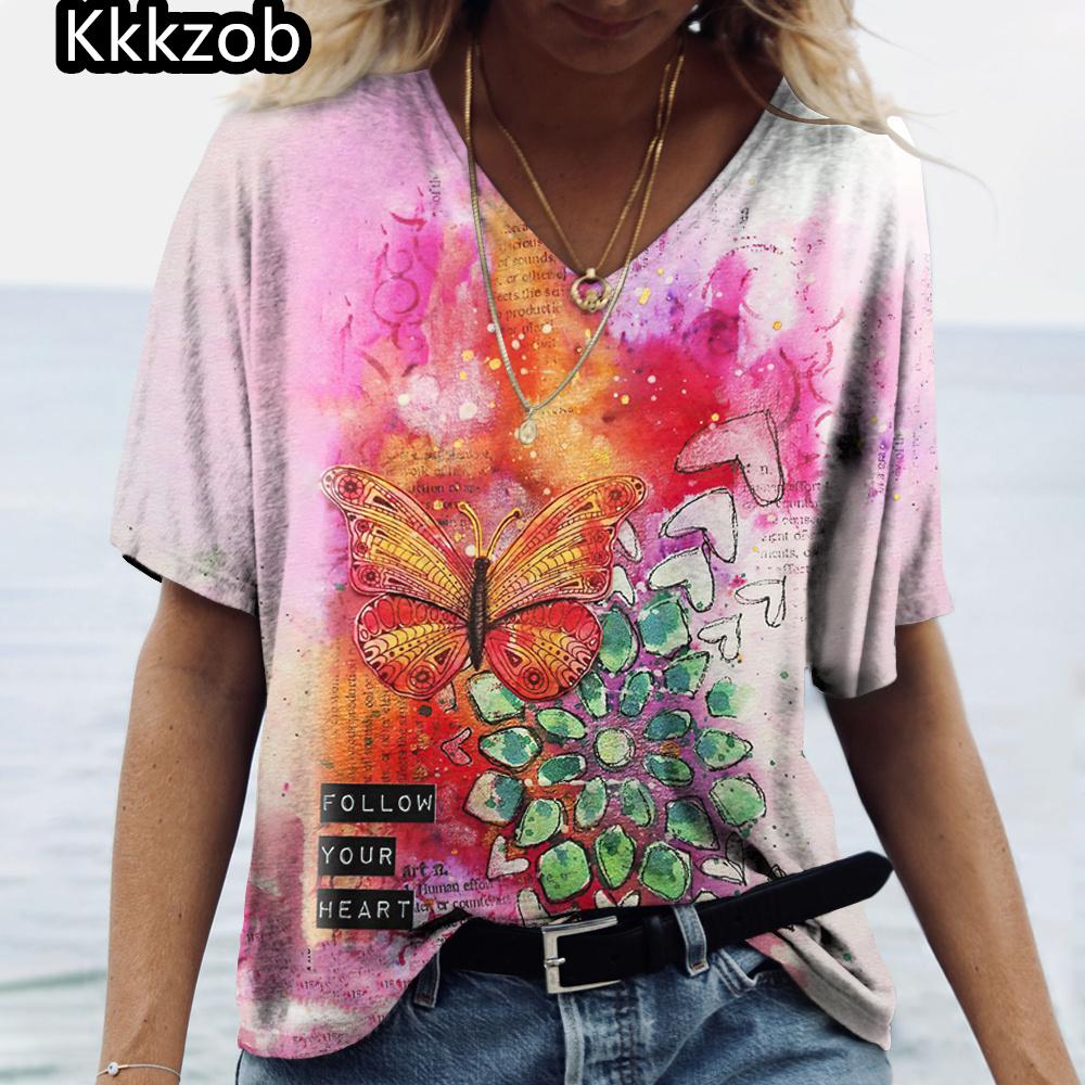 2025 Summer Women's T-Shirt Vintage Butterfly Printcasual Fashion V Neck Pullover Short Sleeve Loose Daily Tops Design Clothing