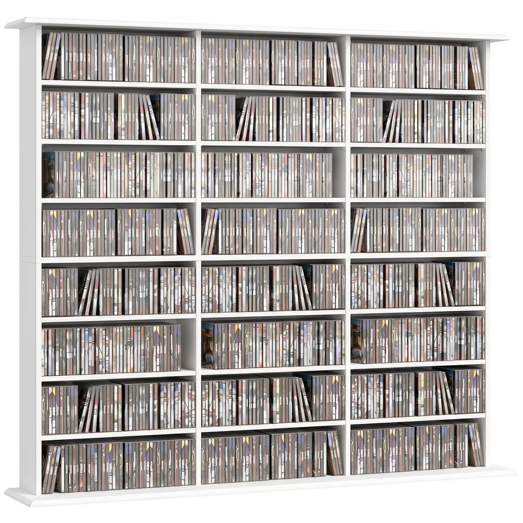 Multimedia Storage Shelf for 1032 CDs / 594 DVDs, 24 Compartments, 18 Adjustable Shelves, White