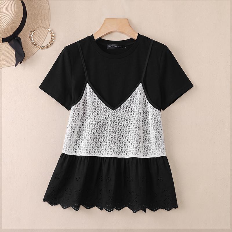 ZANZEA Women Casual Round Neck Splice Loose Short Sleeve Blouse S