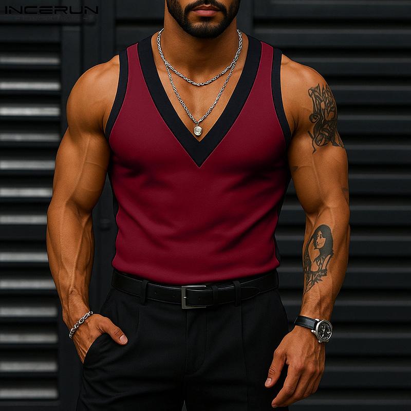 INCERUN Men V Neck Sleeveless Stitching Casual Slim Tank Tops Undershirts