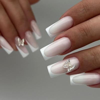 Wear-on Nail 2026 New Cross-border Minimalist White French Square Toe Long Fake Nail Wearable Nail Tips Nails