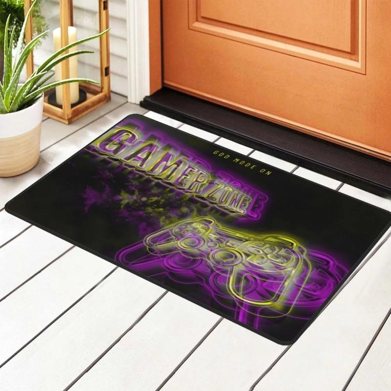 Gamer Zone Doormats Controller Design Neon God Mode Text Gaming Theme Mats for Game Room Entry Decor