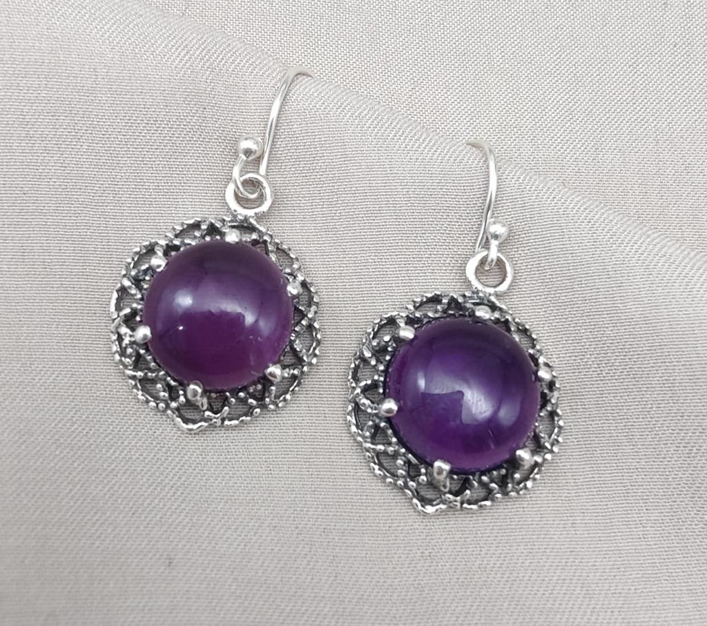 Amethyst 925 Sterling Silver Round Drop Dainty Earrings Boho Jewelry