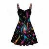 Women Plus Size Off Shoulder Sleeveless Strappy Dress Black Galaxy Printed Fitted Waist Flared Hem