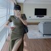 Women's Bodycon Midi Dress Short Sleeve Crew Neck Ruched Side Slit Dress Slim Fit Drawstring Casual T-Shirt Dress for Summer Streetwear Daily Wear
