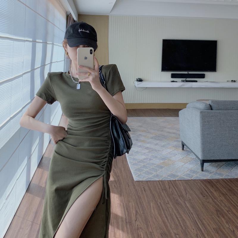 Women's Bodycon Midi Dress Short Sleeve Crew Neck Ruched Side Slit Dress Slim Fit Drawstring Casual T-Shirt Dress for Summer Streetwear Daily Wear