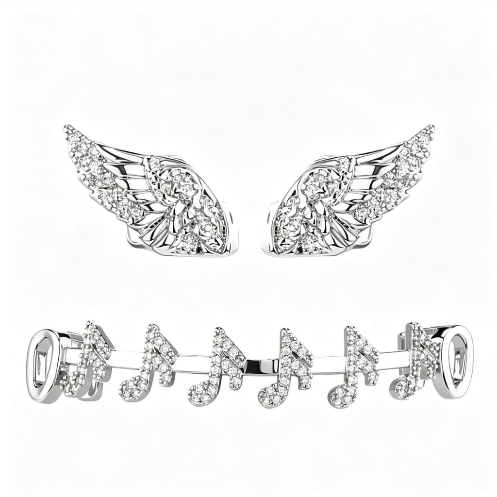Hot Sale Brass CZ Inlaid Wing&Music Note Combined Grillz Sweet Hollow Angel Wings HipHop Teeth Grillz Bling Rapper Mouth Jewelry