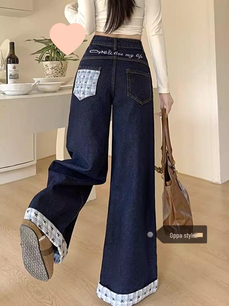 2025 Plus Size Retro Patchwork Plaid Wide-Leg Jeans for Women - Spring/Autumn Loose Fit