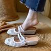 Platform Slippers Low Heel Thick Heel Single Shoes French Woven Hollow Mary Jane Shoes Women's Summer Retro Hole Sandals Women