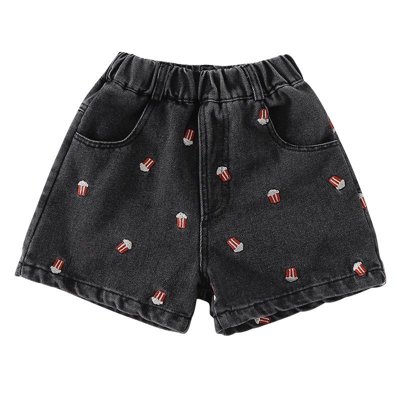 

Summer Kids Denim Shorts for Boys Girls Popcorn Embroidery Elastic Waist Casual Knee Length Pants 80cm