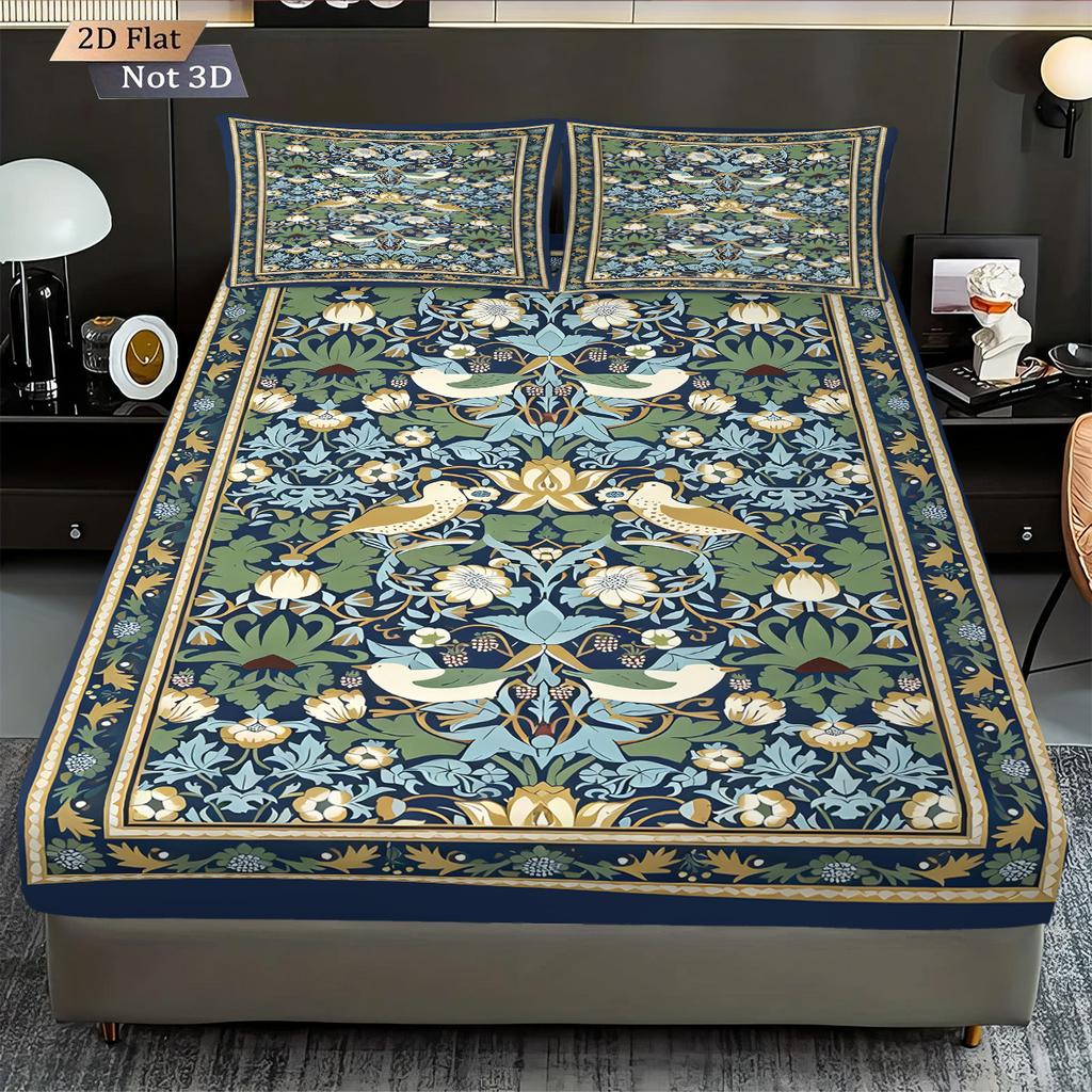 Conjunto de Lençóis Estilo Étnico Retrô com Padrão de Pássaro e Flor 3 Peças Cobertura de Cama Multitamanho Decoração de Cama para Quarto Lavável à Máquina