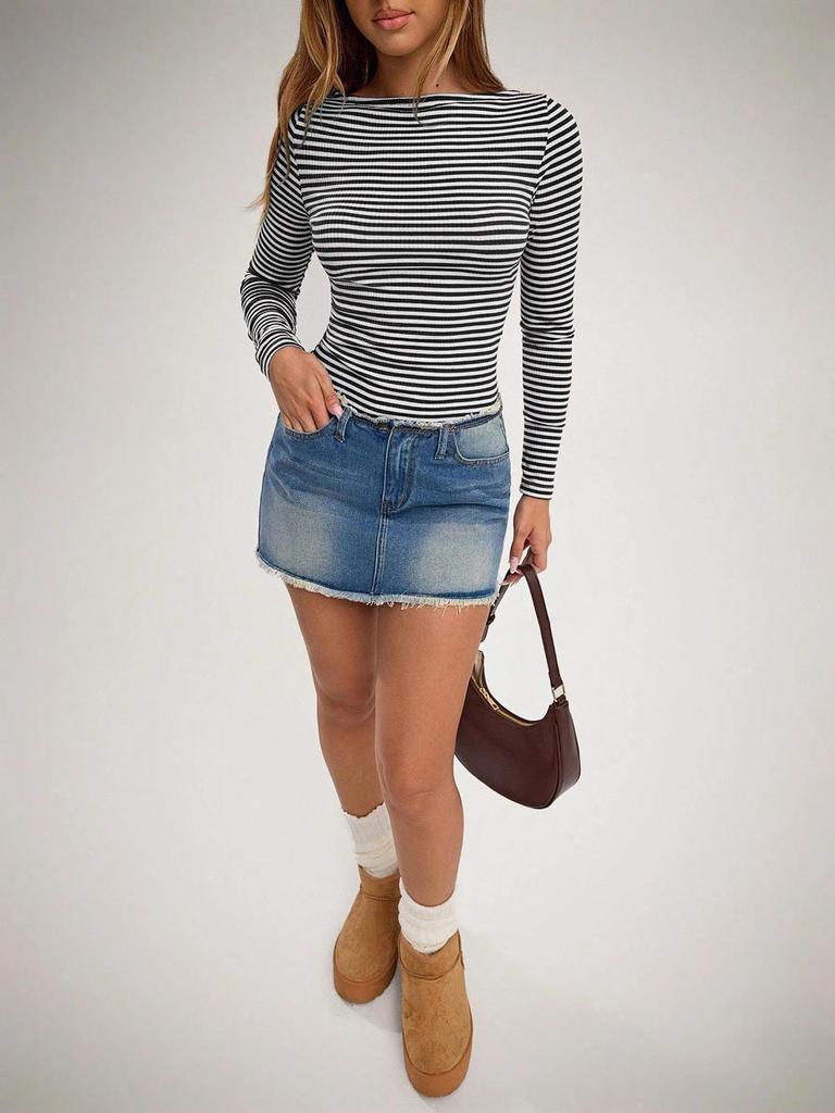 Women's Slim Fit Casual Striped Long-Sleeve Autumn Base Layer Top