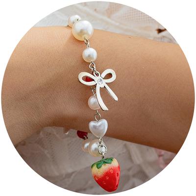 Bracelet Fresh Pastoral Strawberry Bow Bracelet, Temperament Imitation Pearl Vacation Hand