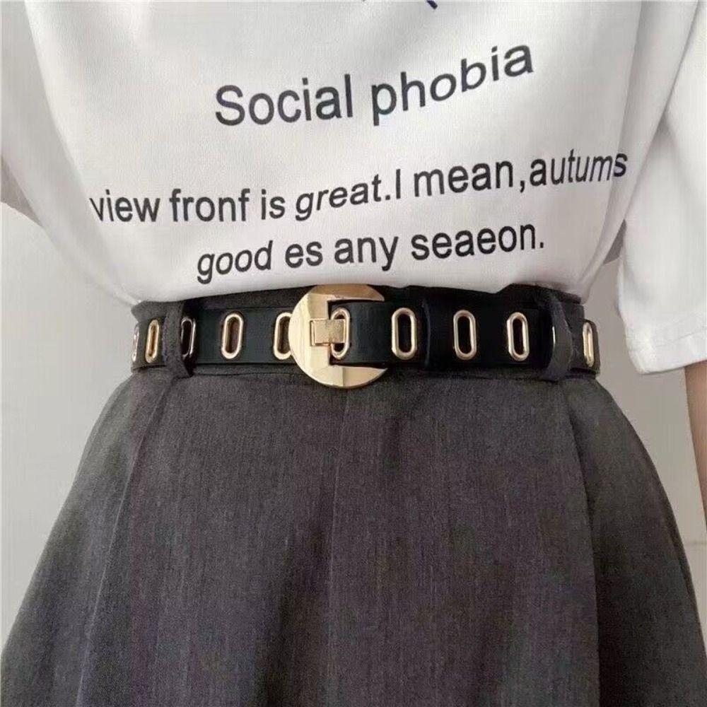 Hollow Women Waistband Round Buckle Waist Belt Personality PU Leather Belt  Men
