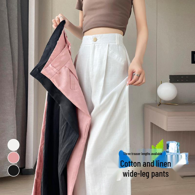 2026 Summer Women's High-Waisted Linen Wide-Leg Pants - Ice Silk Cotton Blend, Lightweight and Casual.