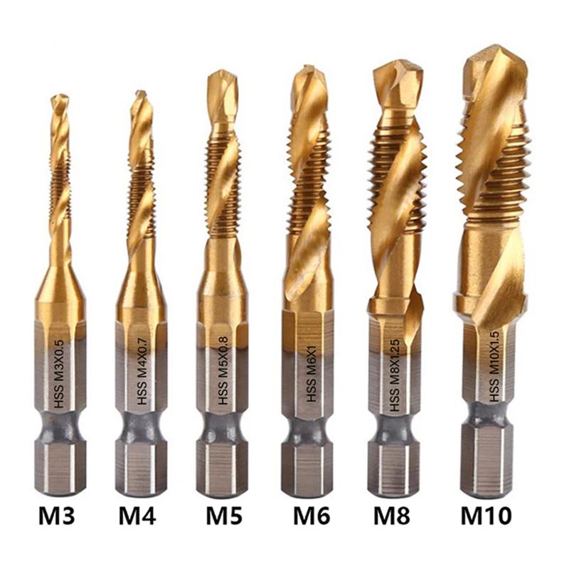 

6 Pcs New Hex Shank Tap Drill Bit Set M3 To M10 High Speed Steel Titanium Coated Spiral Taps for Open Hole Tapping Hand Tools 6 Pieces