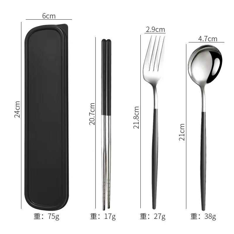 Stainless steel tableware, convenient student spoon, fork, chopstick three-piece set, travel storage set