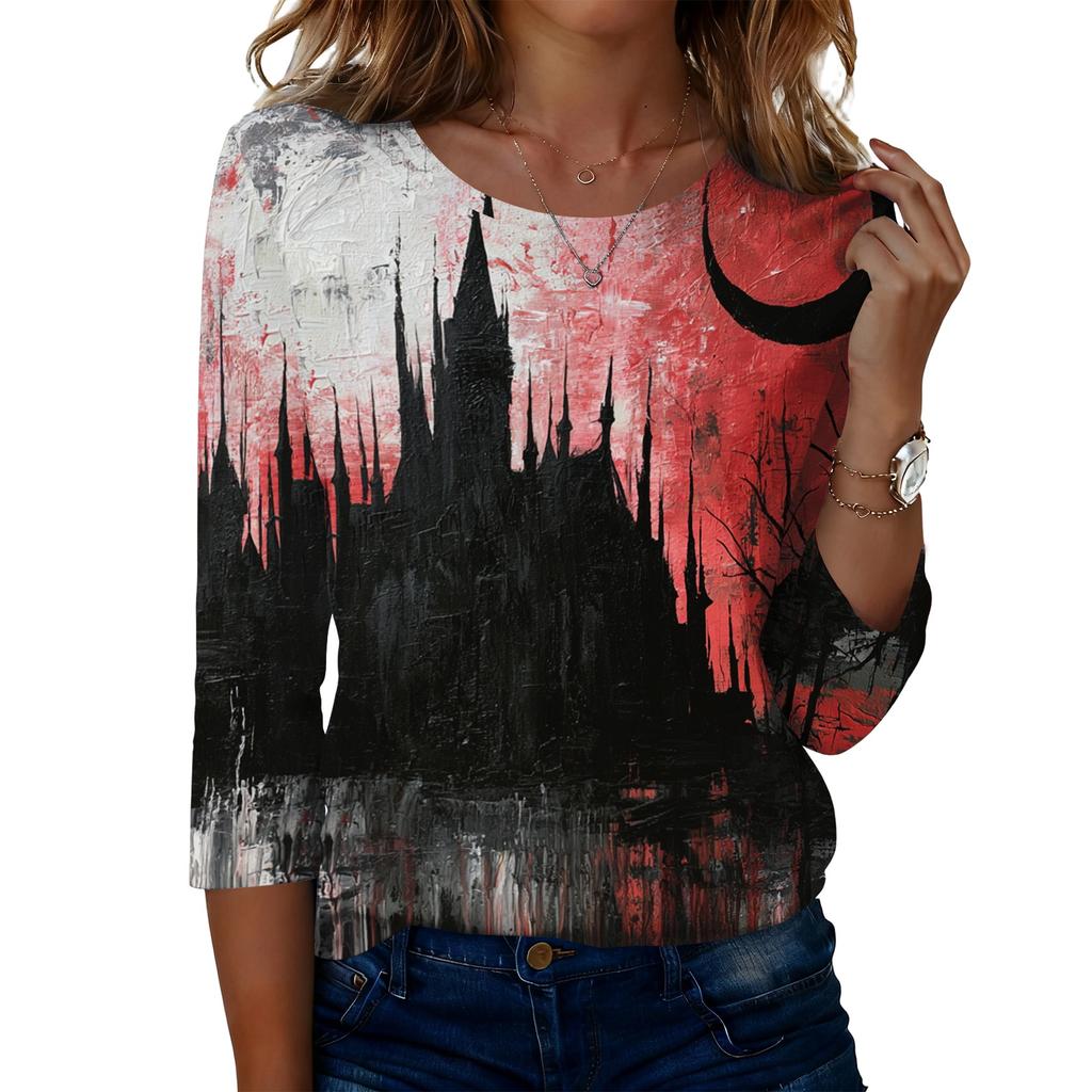 Women's Casual Round Neck Three Quarter Sleeve Halloween Print T Shirt Top Lightweight Comfortable Fit