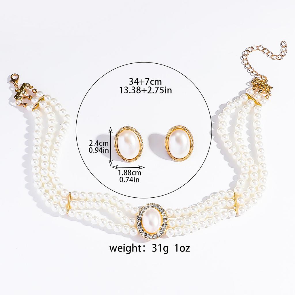 3PC Women's Fashion Imitation Pearl Oval Necklace Earrings Zircon Set Suitable for Wedding, Party, Festival Gifts