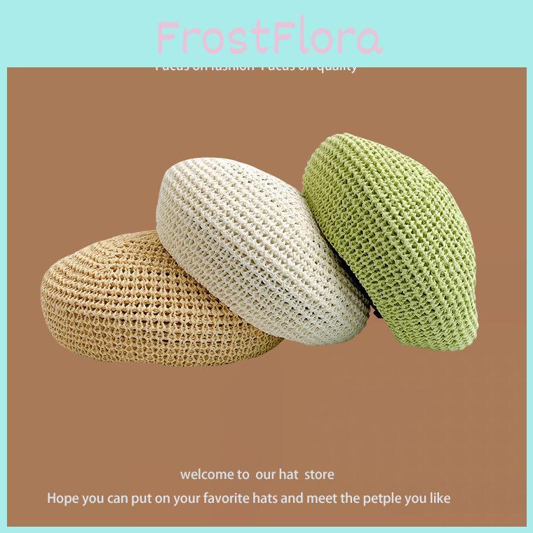 Elegant Woven Straw Beret Hat For Women Breathable Sun Protection Summer Artist Cap
