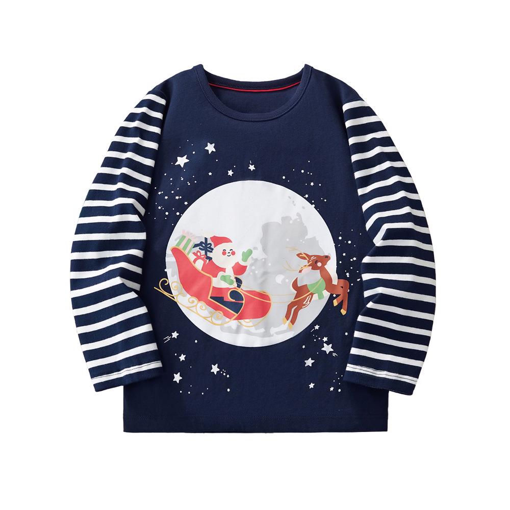 

Children s Christmas Long-Sleeve T-Shirt with Cartoon Elk and Striped Sleeves 7Y (Height 130cm)
