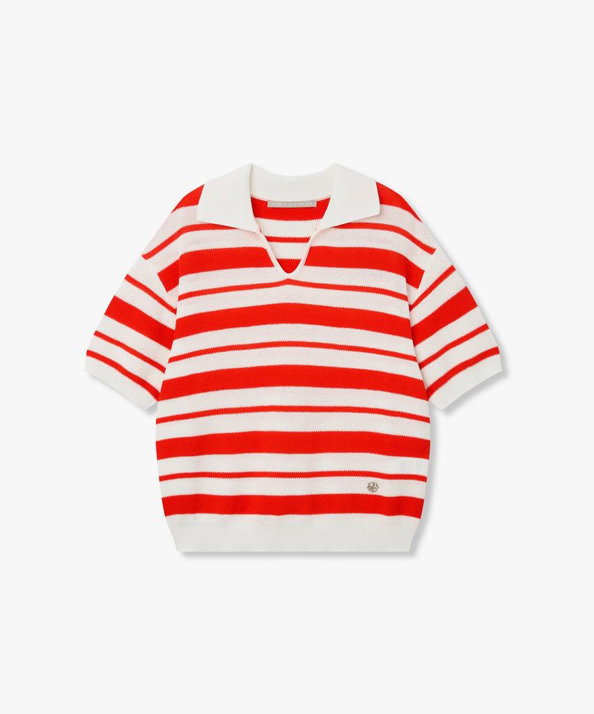 Bobeu Stripe Pattern Collared Neck Pullover_Red 7156250006