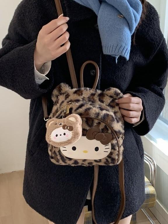 Hello Kitty Vintage Leopard Print Plush Backpack With Pockets For Daily Use
