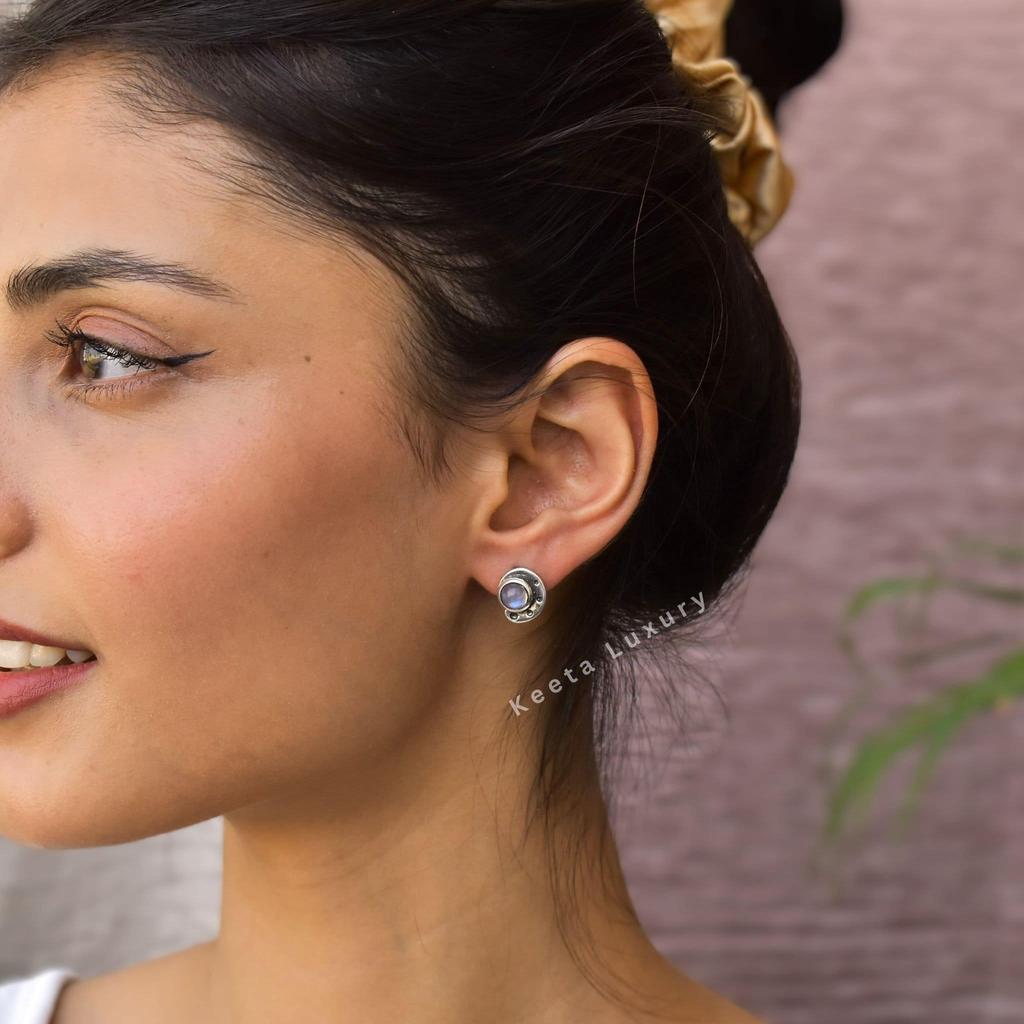 Genuine Moonstone Stud Earrings Rainbow Moonstone Jewelry For Women Silver Oxidized Bohemian Post Healing Crystal Stud Earrings Gifts