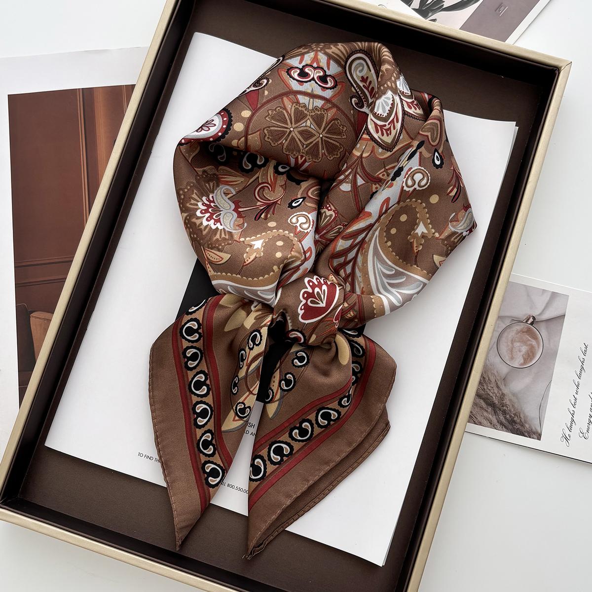 

Spring Summer Lotus Print Satin Scarf Square Neckerchief for Women Head Wrap Fashion Decorative Accessory Bandana 70x70CM