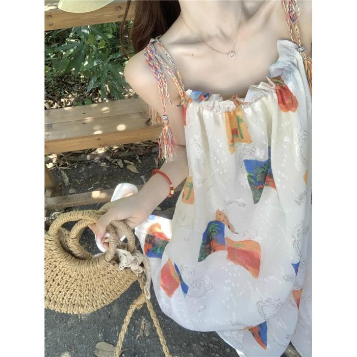 Coffee break French sexy seaside vacation floral suspender dress women s summer super fairy loose beach dress S