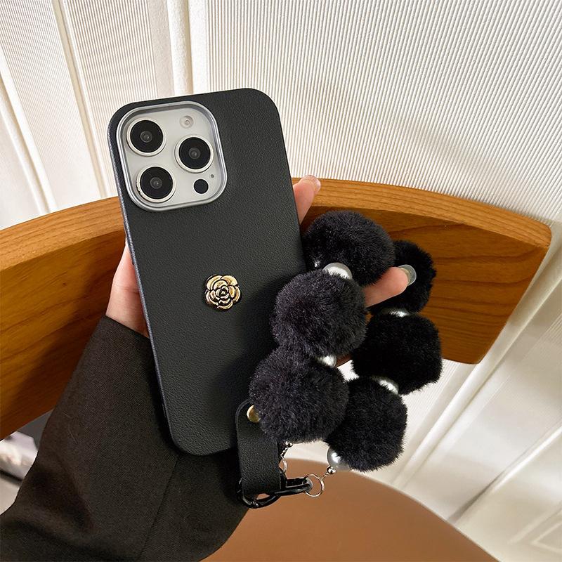 

Applicable Iphone17Promax Mobile Phone Case Plush Hand Rope Camellia Apple 16Plus Silicone Protective Case iPhone 7/8/SE 2020