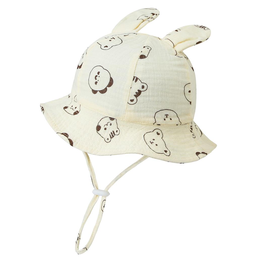 Baby Gauze Bonnet with Bunny Ears Pleated Print Fisherman Hat Sun Protection  Cute European Style Infant Cap for 3-12 Months