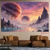 2D Plane, Space-themed Fantasy Scenery Background Cloth, Mountain, Planet and Nebula Design, Polyester