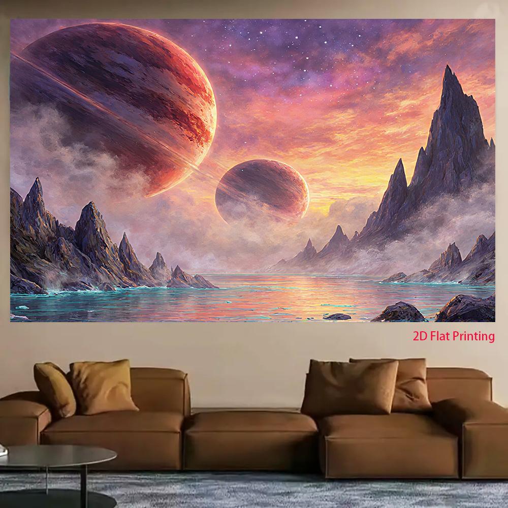 2D Plane, Space-themed Fantasy Scenery Background Cloth, Mountain, Planet and Nebula Design, Polyester
