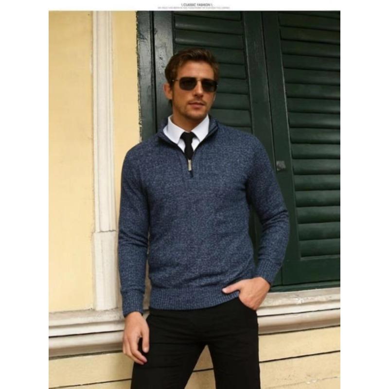 

Осенне-зимний свитер с воротником-стойкой, полузастегивающийся на молнию, европейский и американский повседневный свитер с вертикальными полосками, мужская трикотажная рубашка XXXL синий