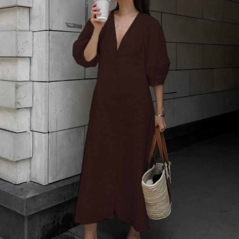 Simple Linen V-neck Puff Sleeve Backless Tie Dress Spring and Autumn Long Dress