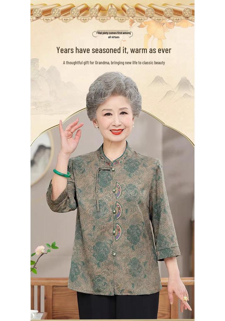 Women's Seven-Sleeve Spring-Autumn Shirt - Thin, Stylish Top for Middle-Aged & Elderly