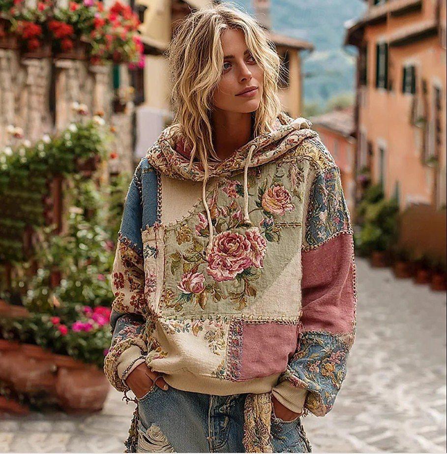 WWomen's Floral Print Flower Hoodie Top Long Sleeve Crew Neck Pullover Sweatshirt