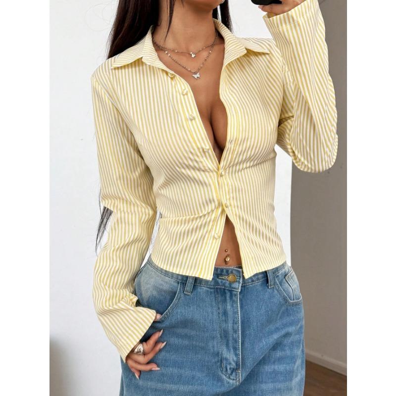 DAFIFY Women's Fashion Casual Spring Autumn Stripe Print Long Sleeve POLO Neck Blouses & Shirts