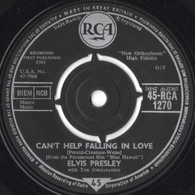 7inch Record ELVIS PRESLEY, THE JORDANAIRES - Can't Help Falling In Love 45RCA1270 RCA 1962 UK Rock Used