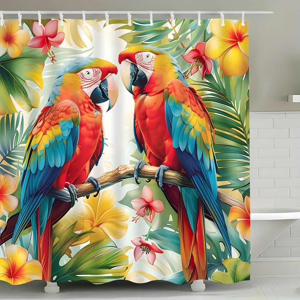Jessica Chen Vibrant Parrot And Tropical Flower Waterproof Shower Curtain, Exotic Bird Design For Stylish Bathroom Decor
