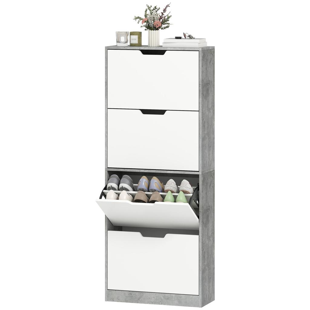 Modern Space-Saving Shoe Cabinet with 4 Doors for 16 Pairs of Shoes, 62.5x26x156 cm, Concrete Grey