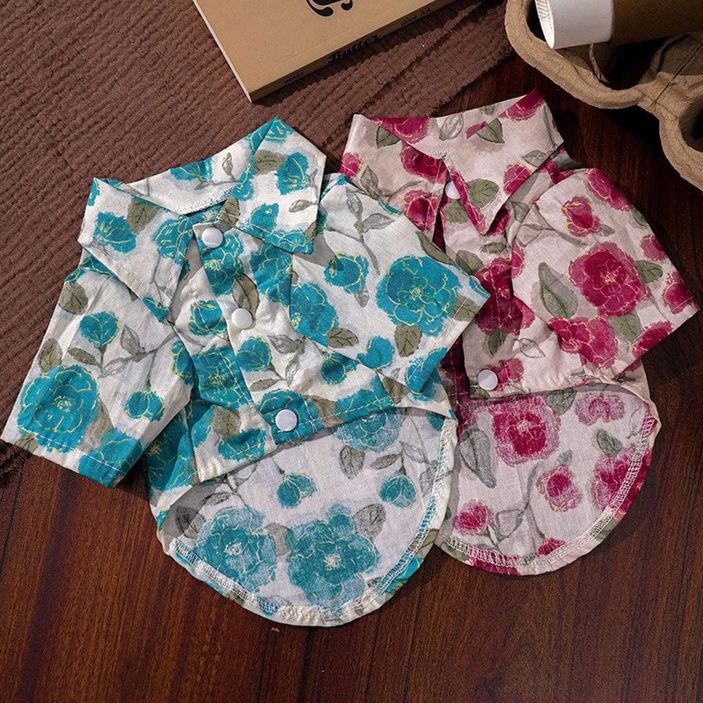 Puppy Costume Floral Print Vaion Shirt Cotton Linen Summer Cute Pet Outfit Multiple Sizes For Small Dog (Blue,Large)