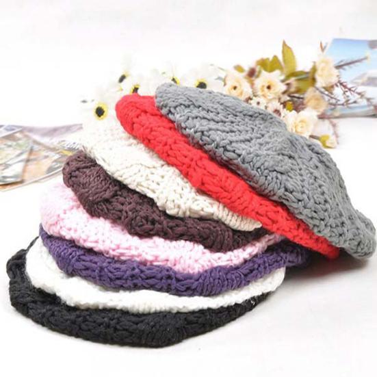 Women's Beret Solid Color Baggy Knit Crochet Beanie Hat Winter Warm Ski Cap