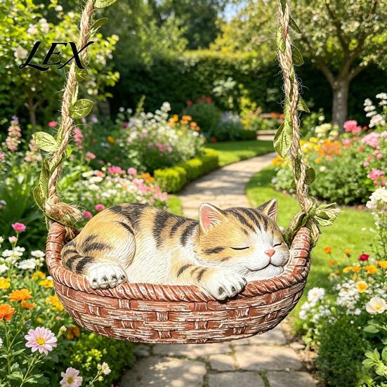 Sleeping Kitten Hanging Ornament Basket Cat Statue, Cute Figurine, Weatherproof Decor for Balcony Resin Outdoor Garden Patio Porch Decoration