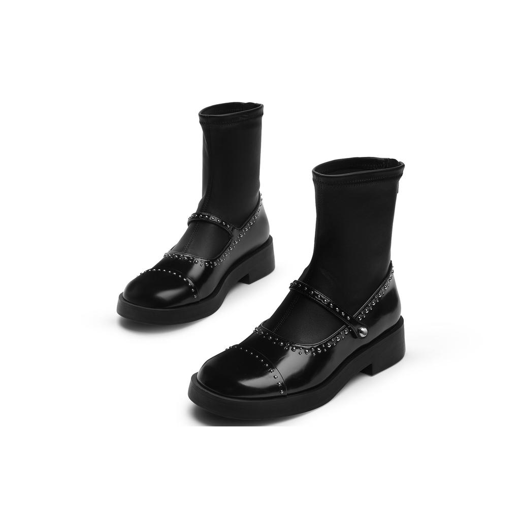 Charles & Keith Small CK PU Synthetic Leather Studded Round Toe Back Zipper Elastic Ankle Boots 3.8cm Women ankle boots Black CK1-90380144-1