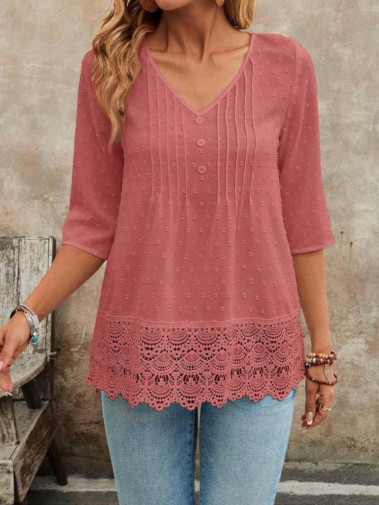 French Forest Style Hollow Embroidery Lace Casual Women's Short Shirt