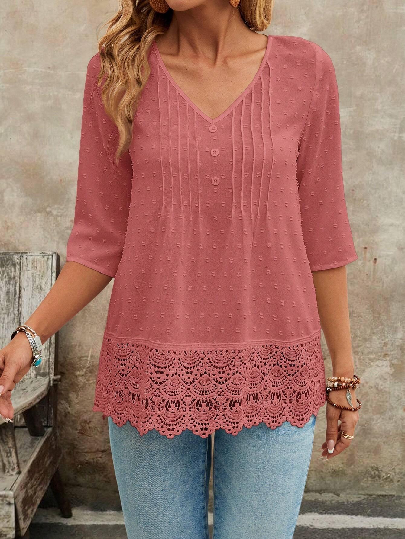 

French Forest Style Hollow Embroidery Lace Casual Women s Short Shirt L рожевий