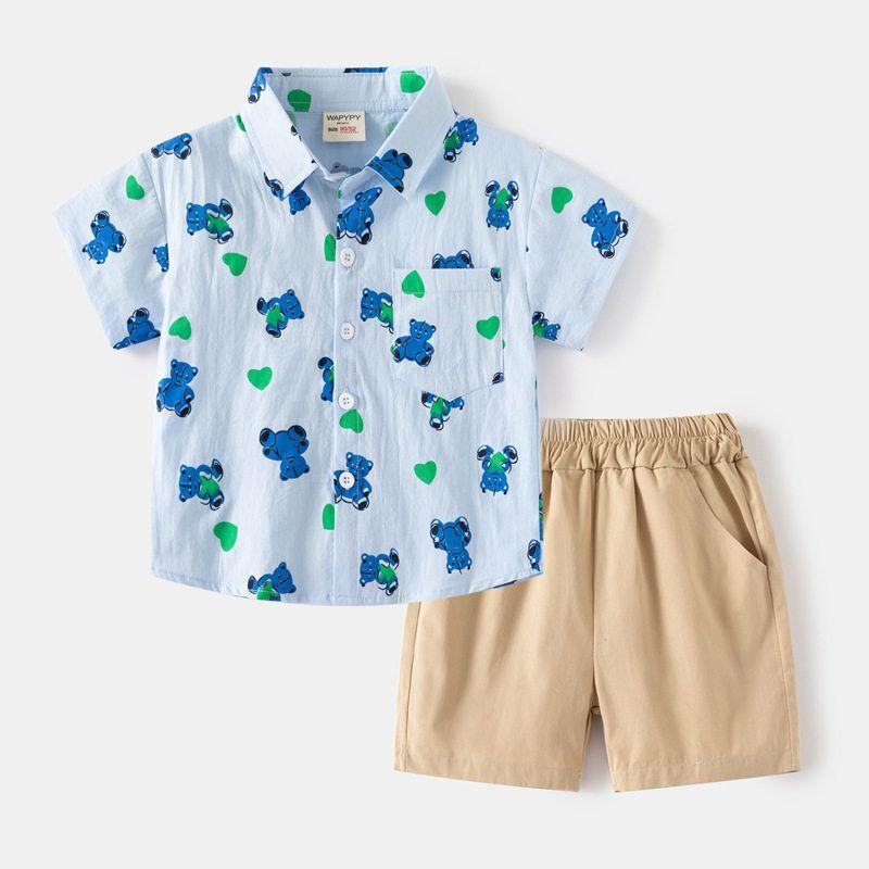 Children's Clothing Summer Boys' Bear Lapel Shirt Baby Polo Shirt Short Sleeve Shorts Suit Children's Shirt Cropped Pants